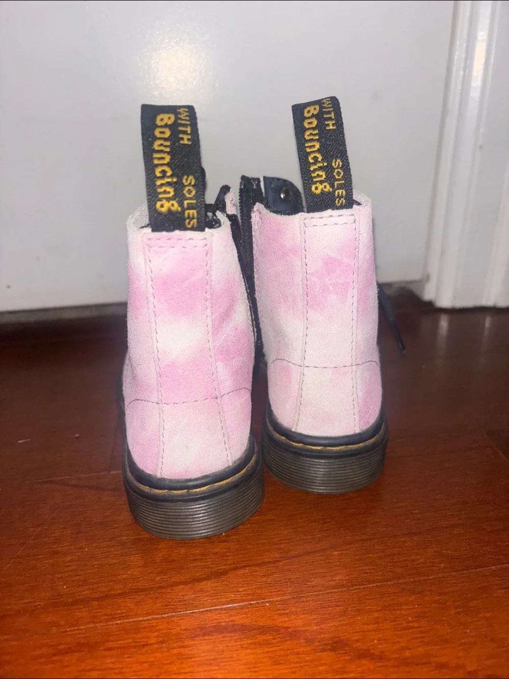 Dr. Martens Kids Pink Suede Lace-Up Boots with Black Laces